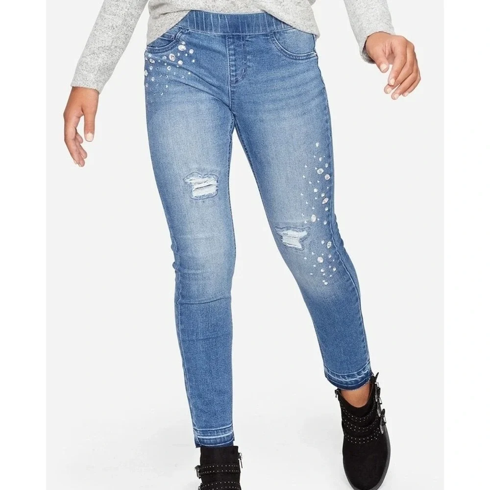 Justice Mid Rise Leggings Youth Girls SZ 16 Rhinestone Embellishments Distressed